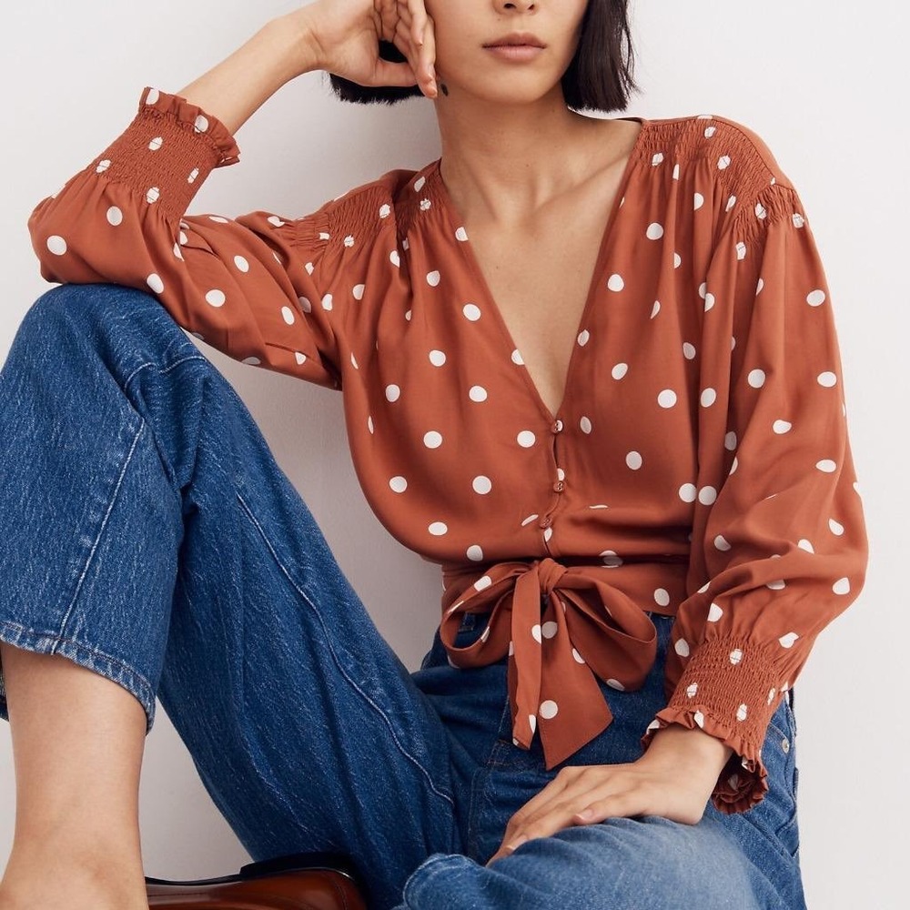 NWT Madewell Sz 10 Rust Polka Dot Button Front Tie Smocked Balloon Sleeve Blouse